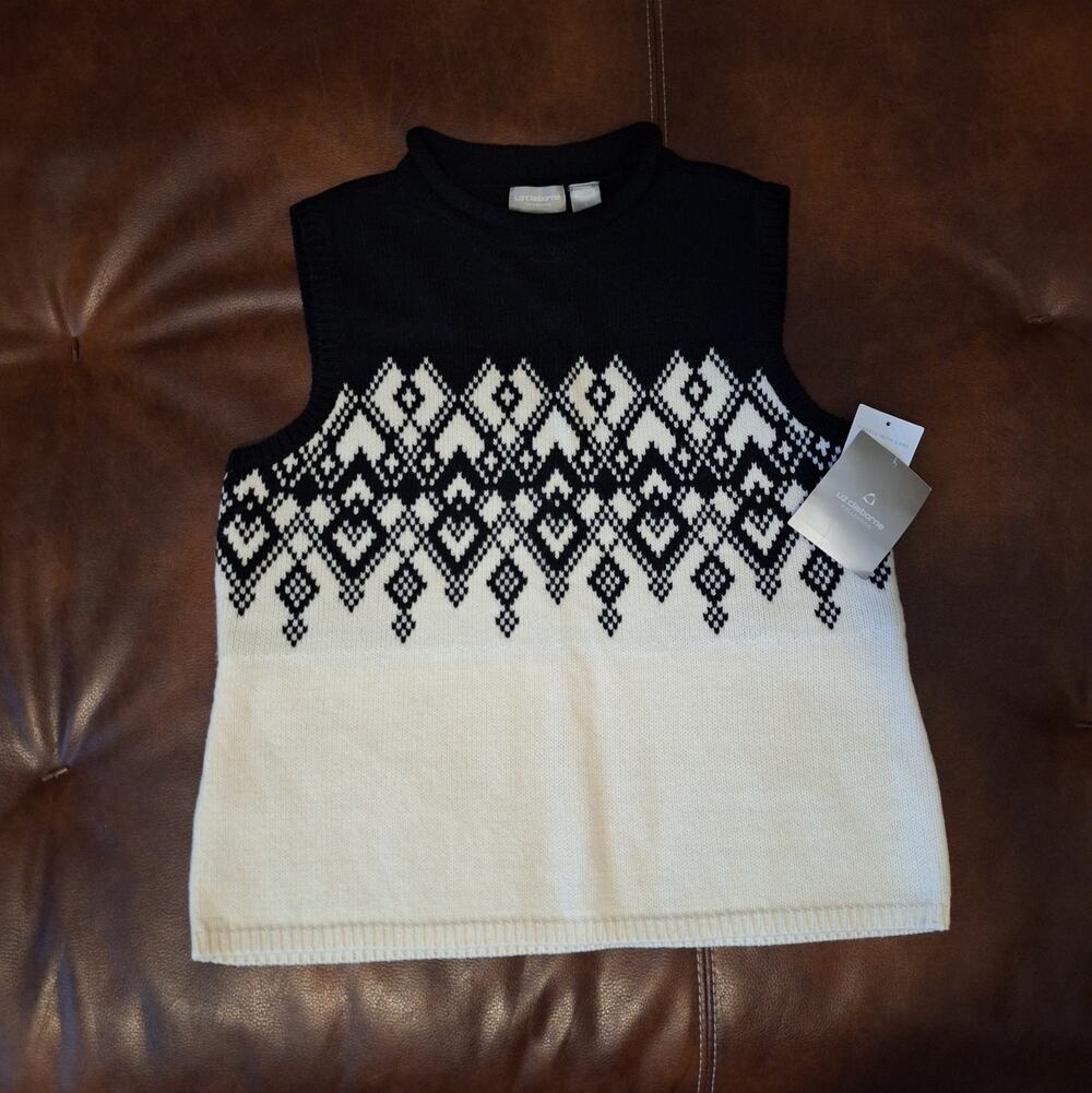 NWT Liz Claiborne Collection Black White Fair Isle Wool Blend Sweater Vest - L